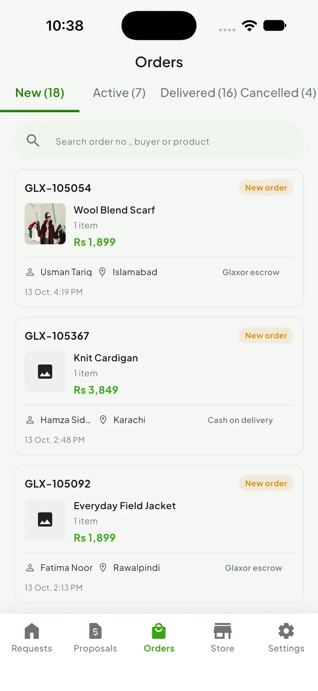 Glaxor Store orders list