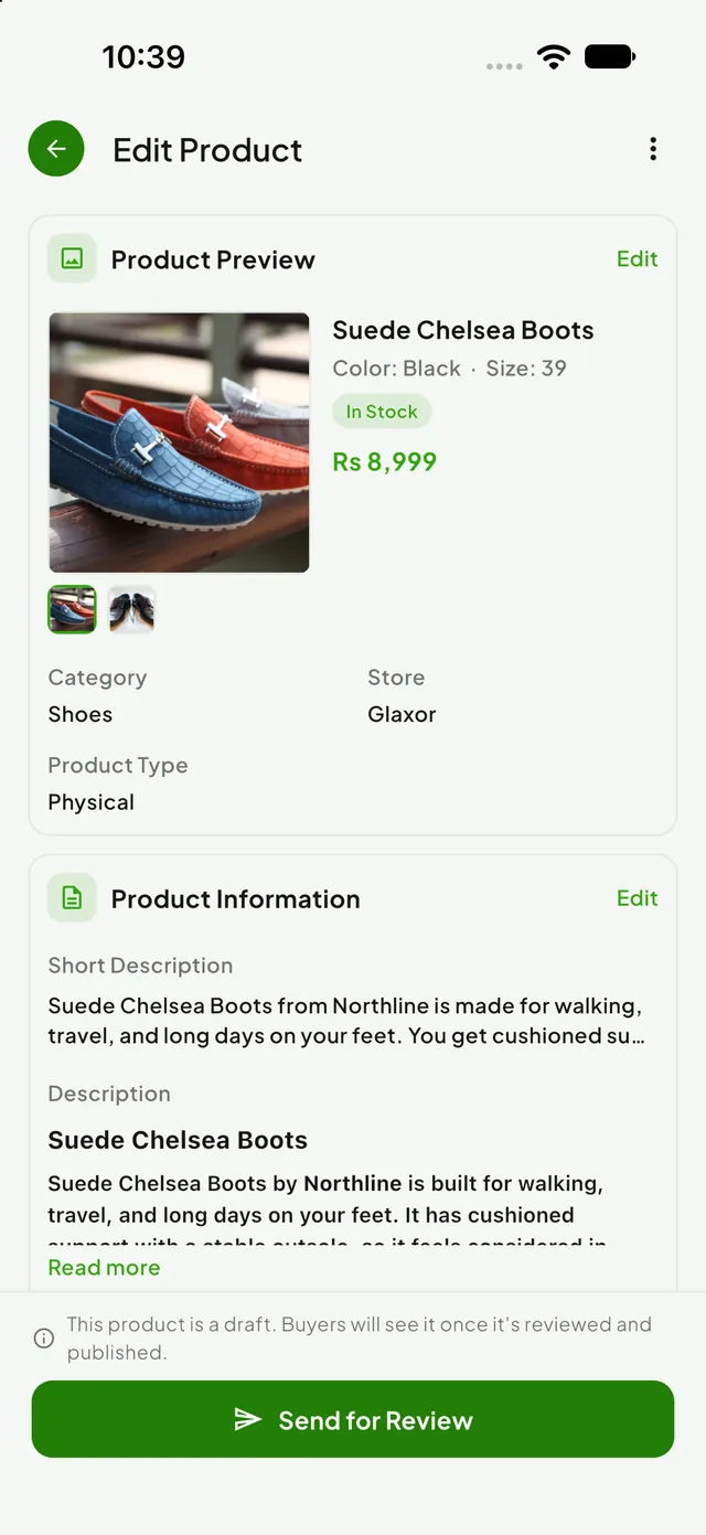 Glaxor Store edit product screen