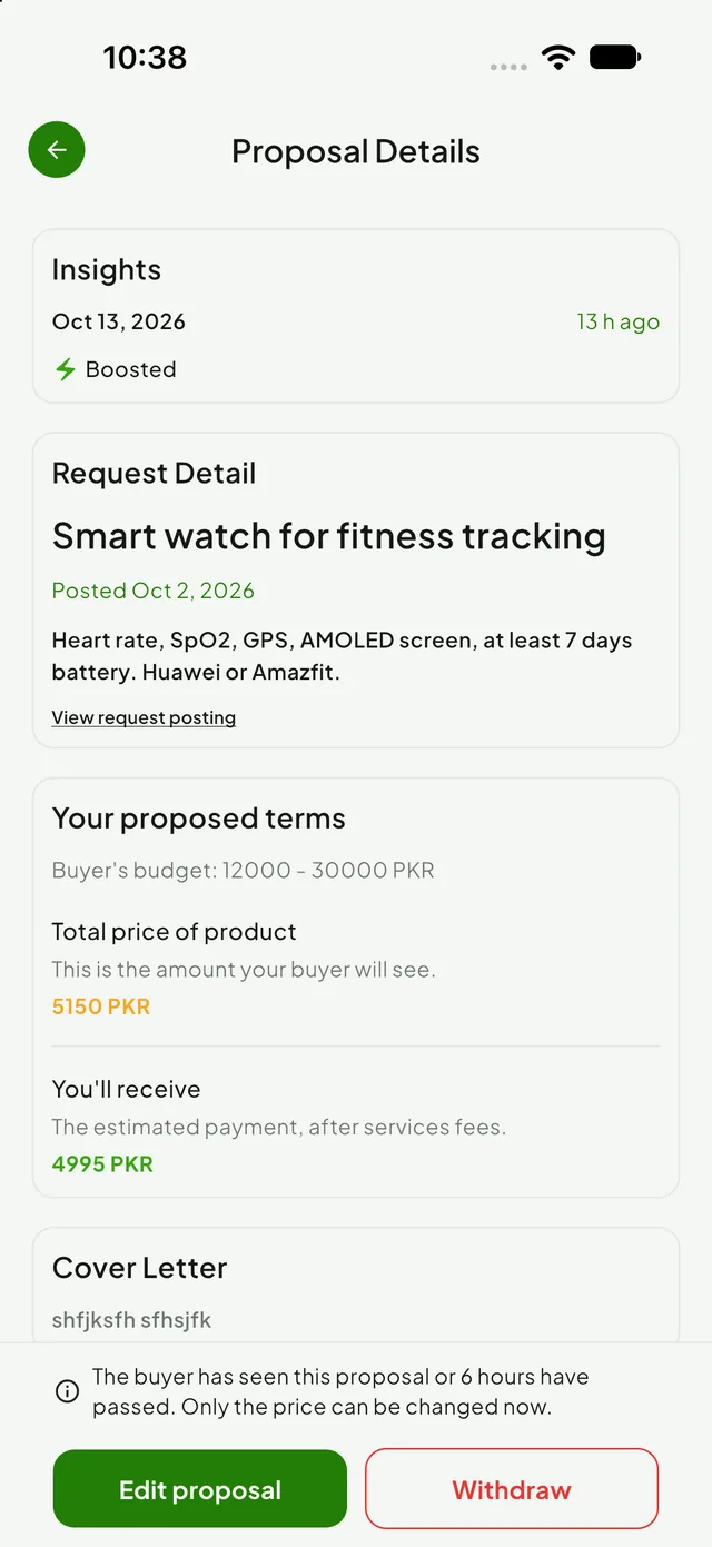Glaxor Store proposal details screen